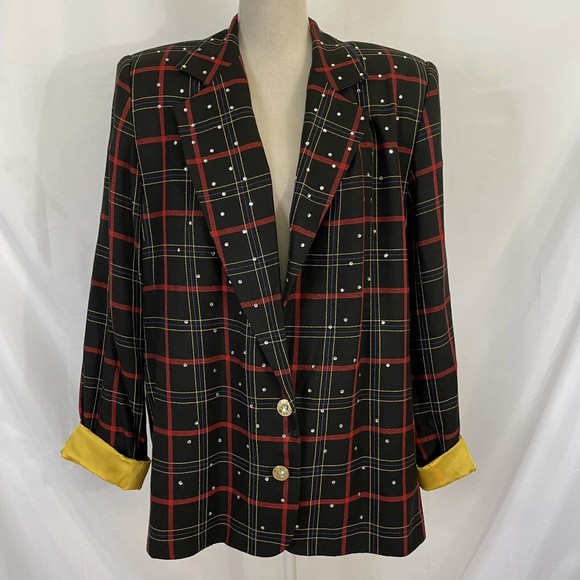 Cache Jackets & Blazers - VTG 80s Criscione Cache Women's Blazer Suit Jacket Black Rhinestone Plaid USA XL